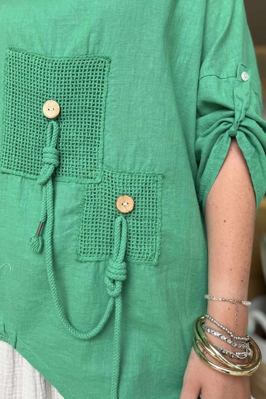 Linen Blend Quirky Top Emerald